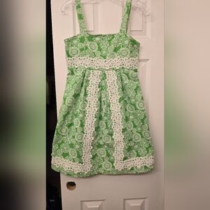 Lilly Pulitzer Green Floral Kids Dress with White Lace